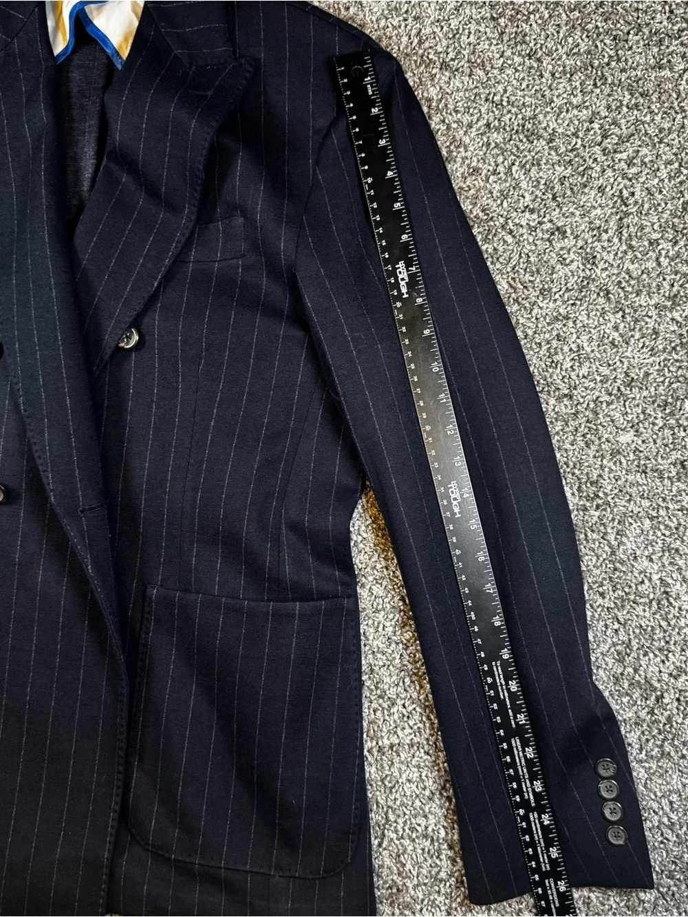 Hagen Carmel Men’s 44 Navy Chalkstripe Double Breasted Sport Coat Blazer Italian